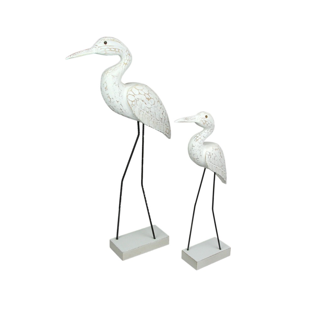 Set of 2 Hand Carved Wood and Metal White Egret Bird Statues Coastal Decor