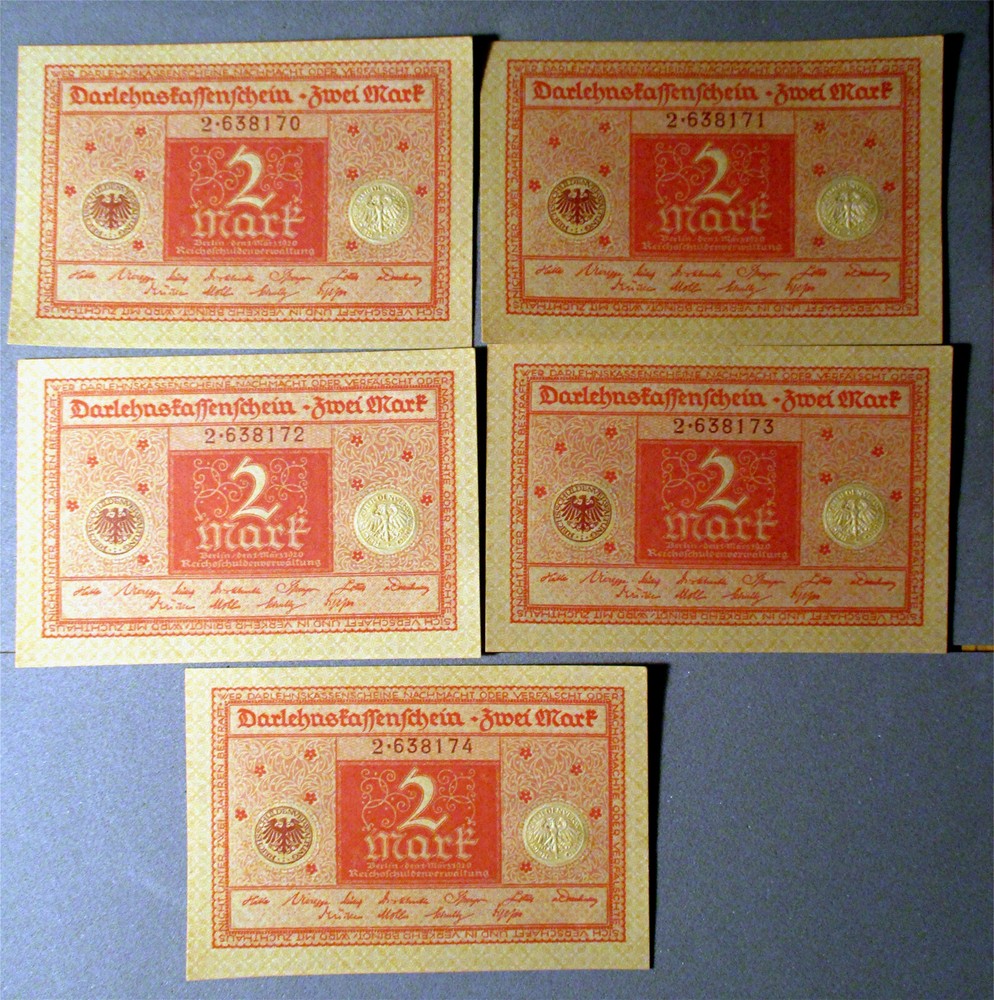 GERMANY-WEIMAR-1920 BERLIN LOT OF 5 - 2 MARK NOTES UNC. CONSEC.  - P#59  EOS