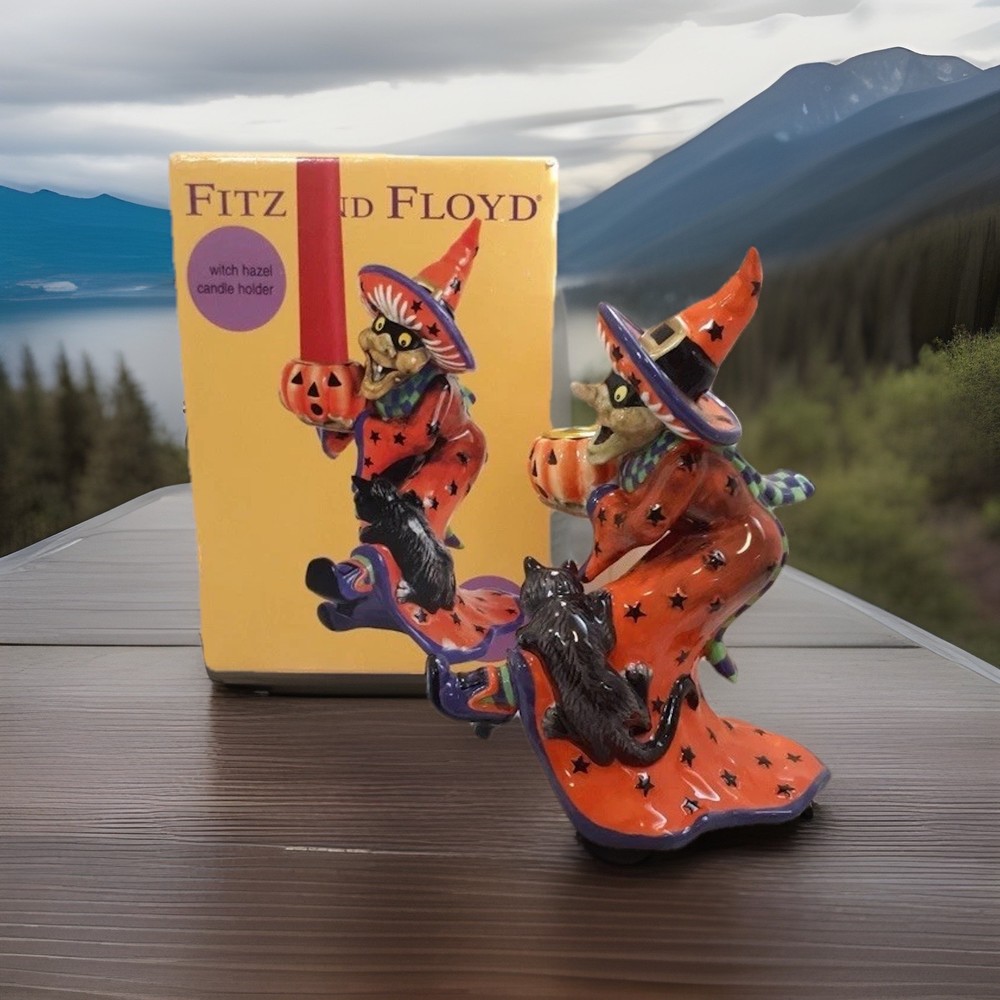 2003 Fitz & Floyd HALLOWEEN Candle Holder Witch HAZEL &Black Cat w/Original Box