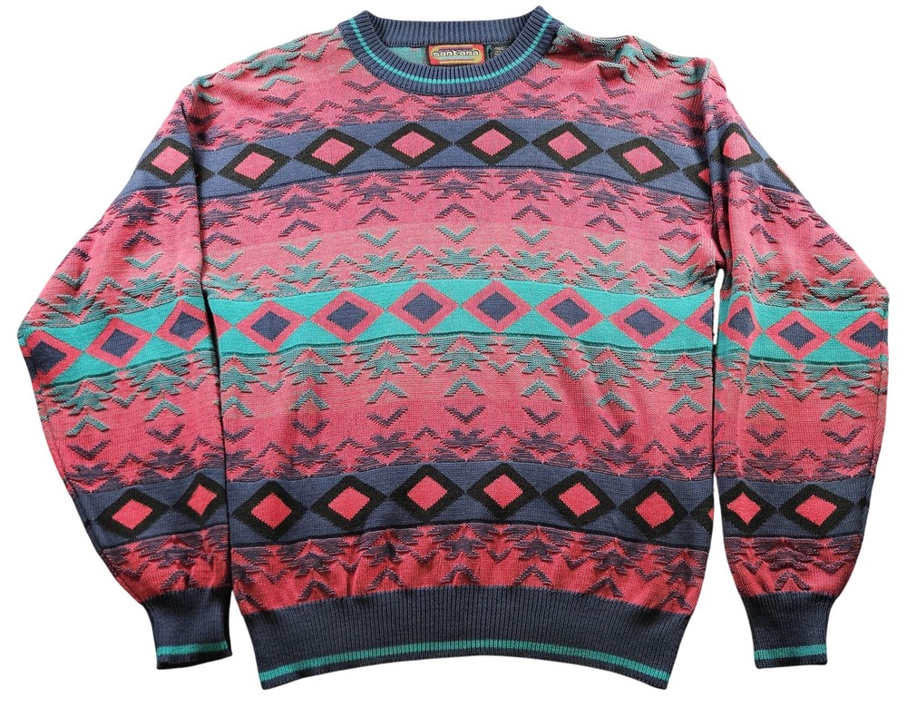 Vintage Santana Sweater Mens Large Red Teal Crewneck Aztec Southwestern Knit 90s