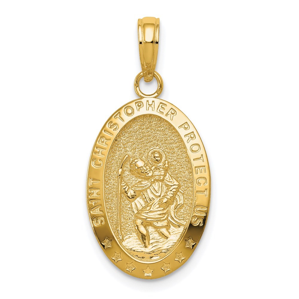 14k Yellow Gold Polished Solid Saint Christopher Medal Oval Pendant L-1.08 Inch