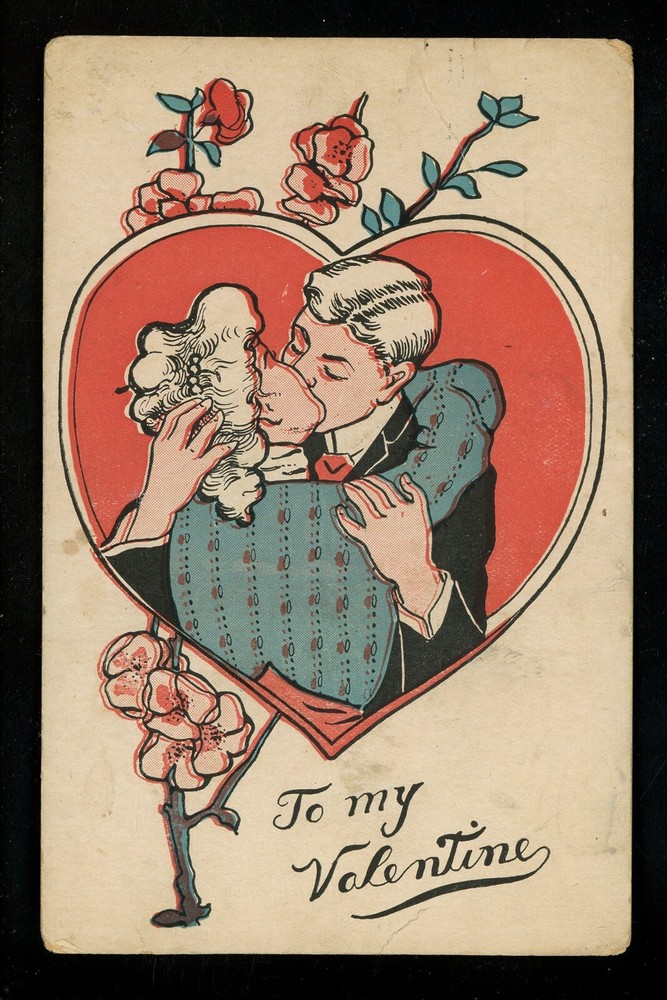 Valentine's Day postcard with white-haired couple love flowers and heart