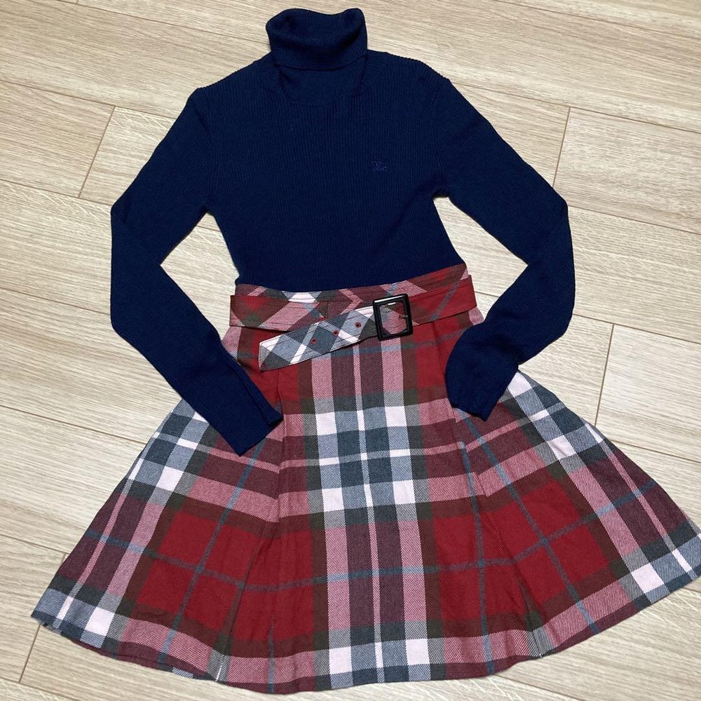 Burberry Blue Label Nova Check Knit Dress Wool Turtleneck Belted Size 38