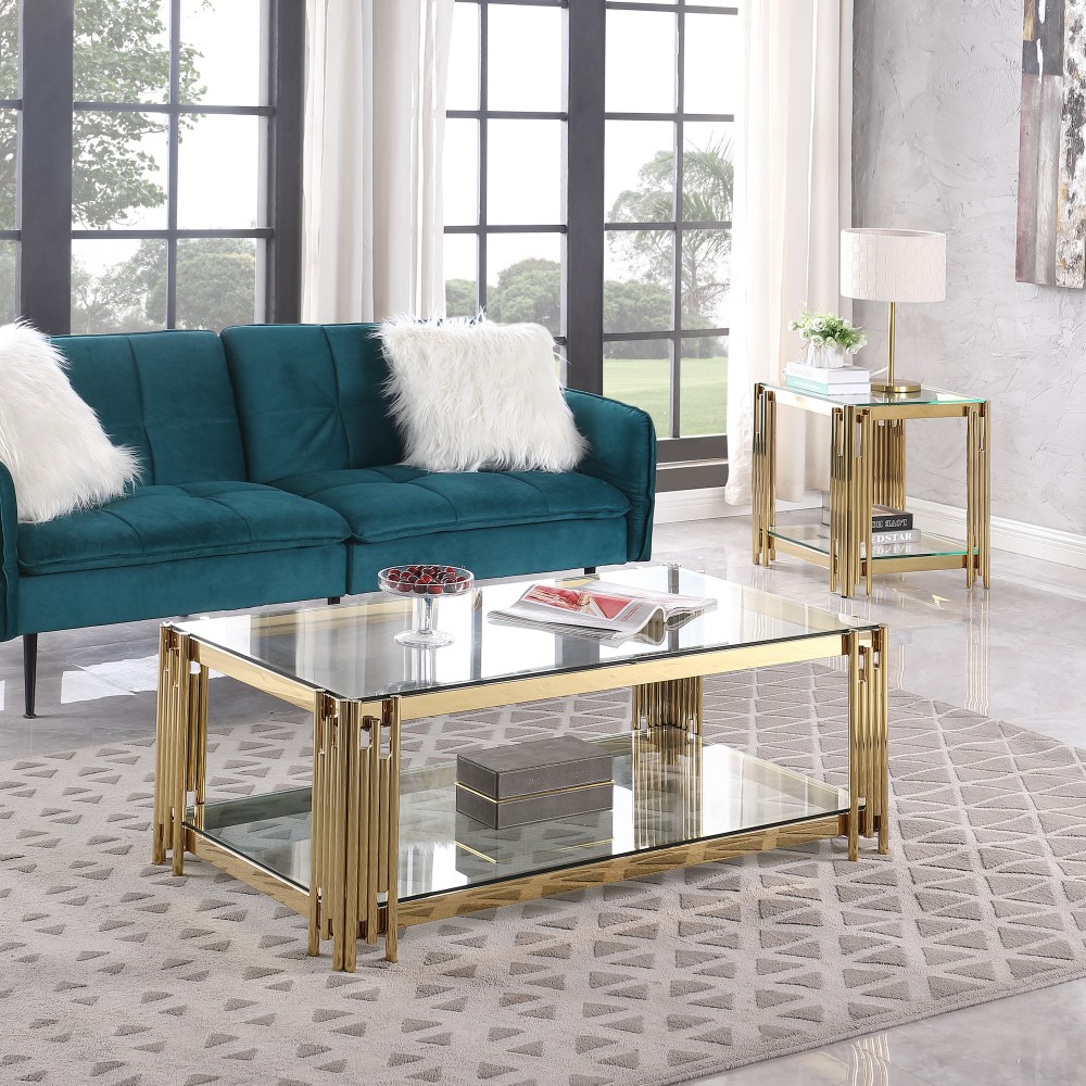 Rectangular Glass-Top Coffee Table with Tempered Glass Shelves, Double-Layer