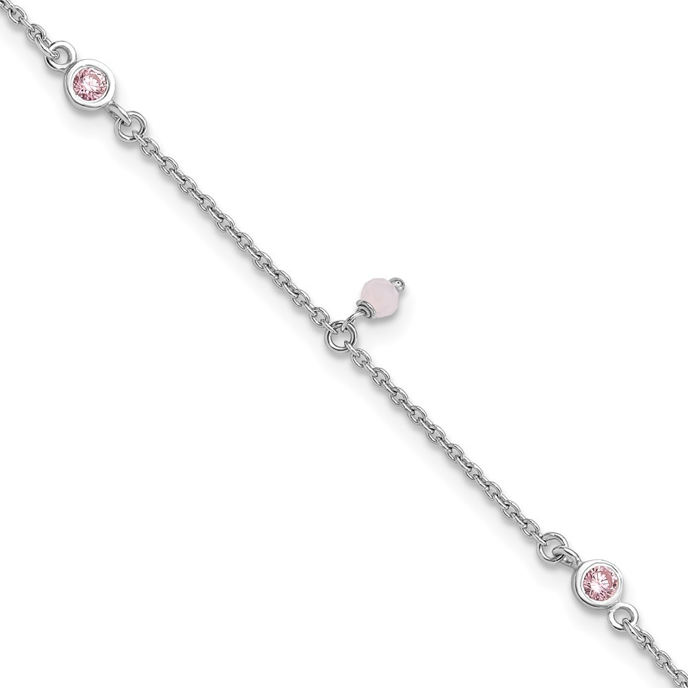 Sterling Silver Rhodium-Plated CZ Glass Bead Anklet 9in with 1in Extender