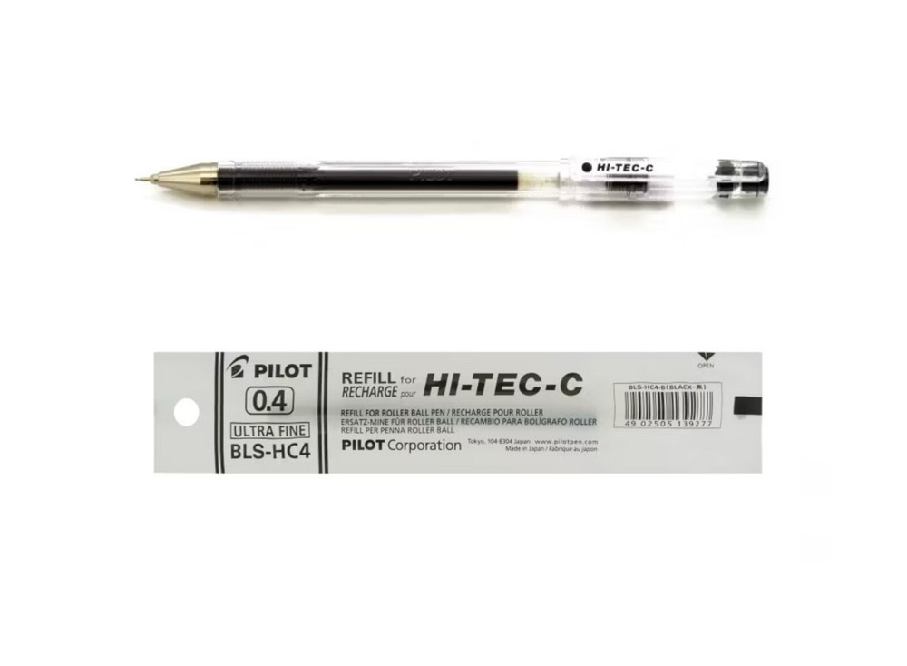 Pilot Hi-Tec-C Gel Pen 1 Black 0.4 mm pen come With 1 extra .4 black refill New!