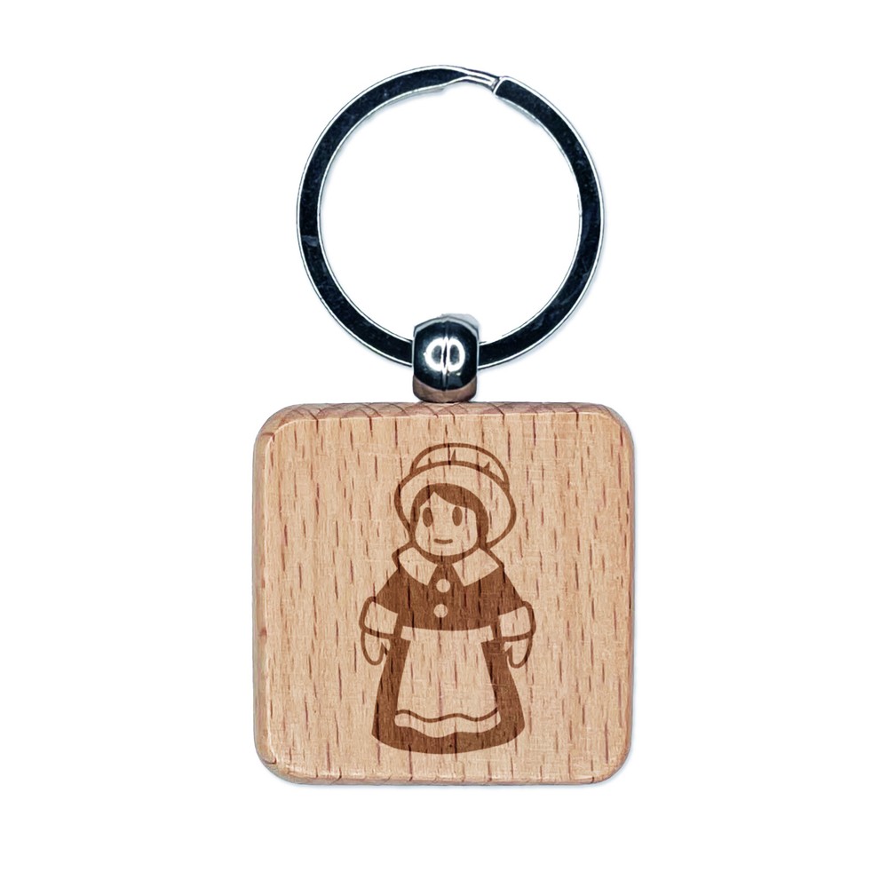 Cute Thanksgiving Pilgrim Girl Engraved Wood Square Keychain Tag Charm