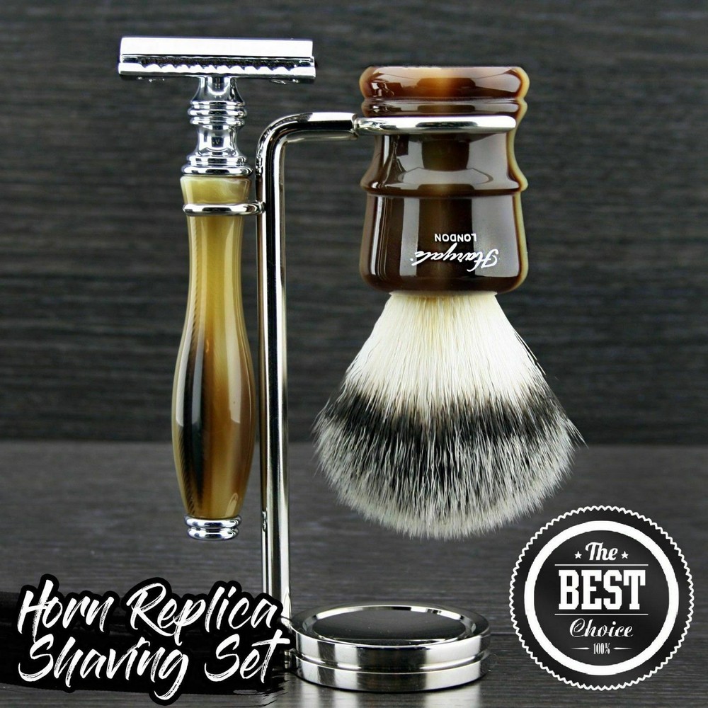 Premium Horn Luxury Wet Men's Shaving Set Double Edge Razor & Synthetic Brush