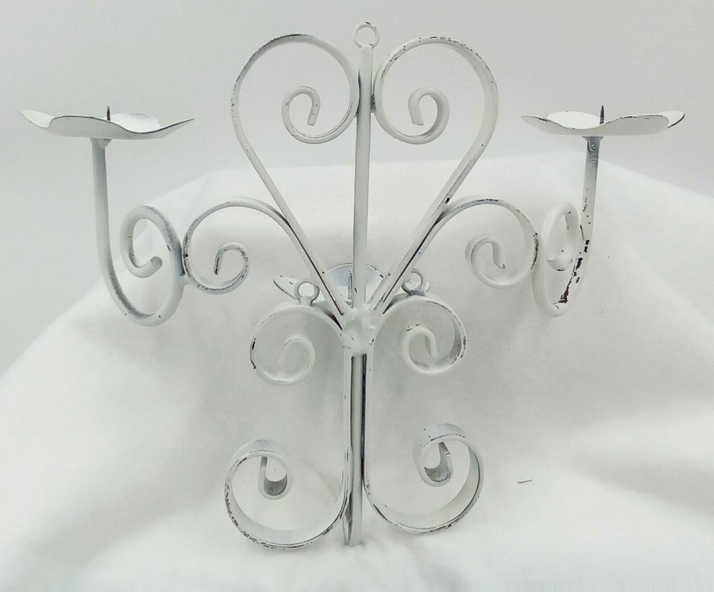 Candelabra Metal Heart Scroll Petal Candle Holders White Distressed Hanging 10
