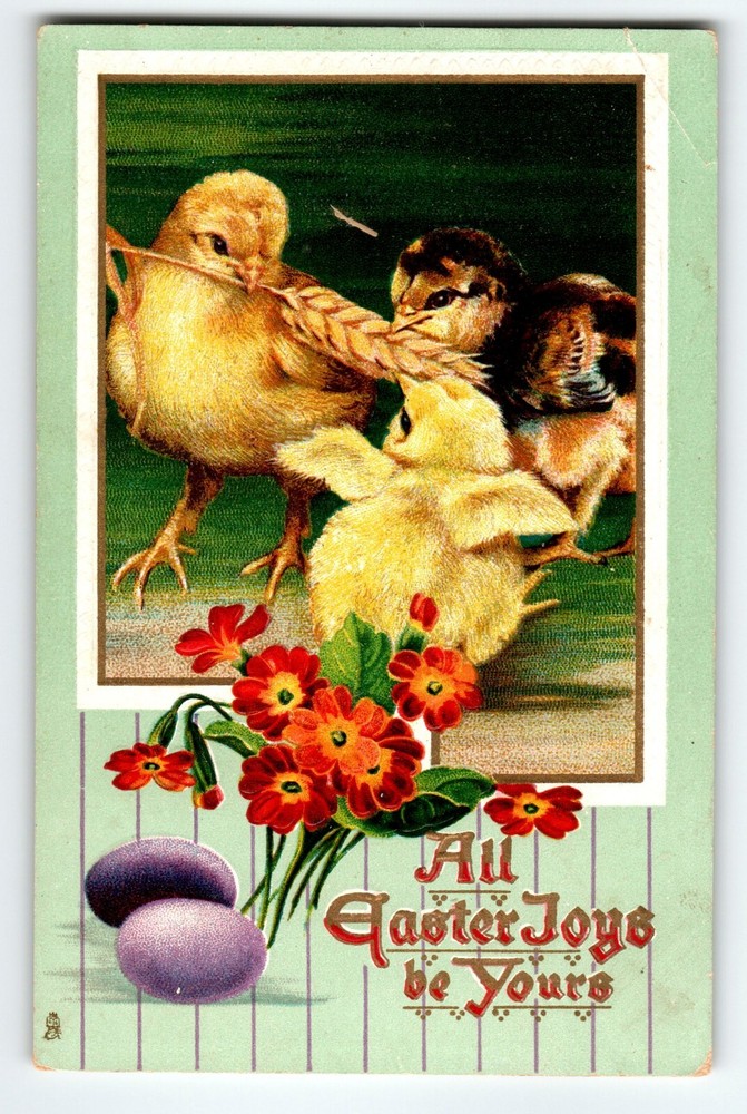 Easter Postcard Baby Chicks Purple Egg Polyanthus Flowers Series 706 Tuck