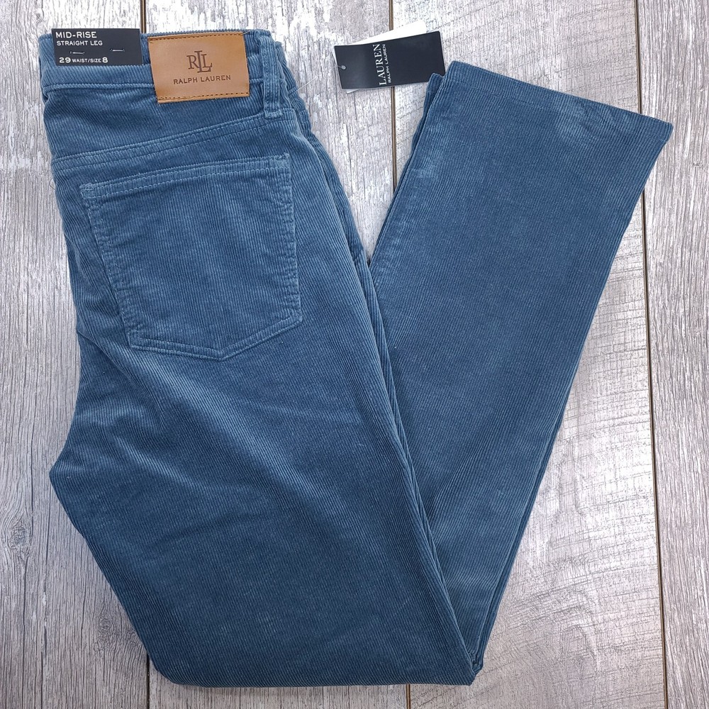 Lauren Ralph Lauren Womens Corduroy Pants Size 8 Blue High Rise Straight Leg