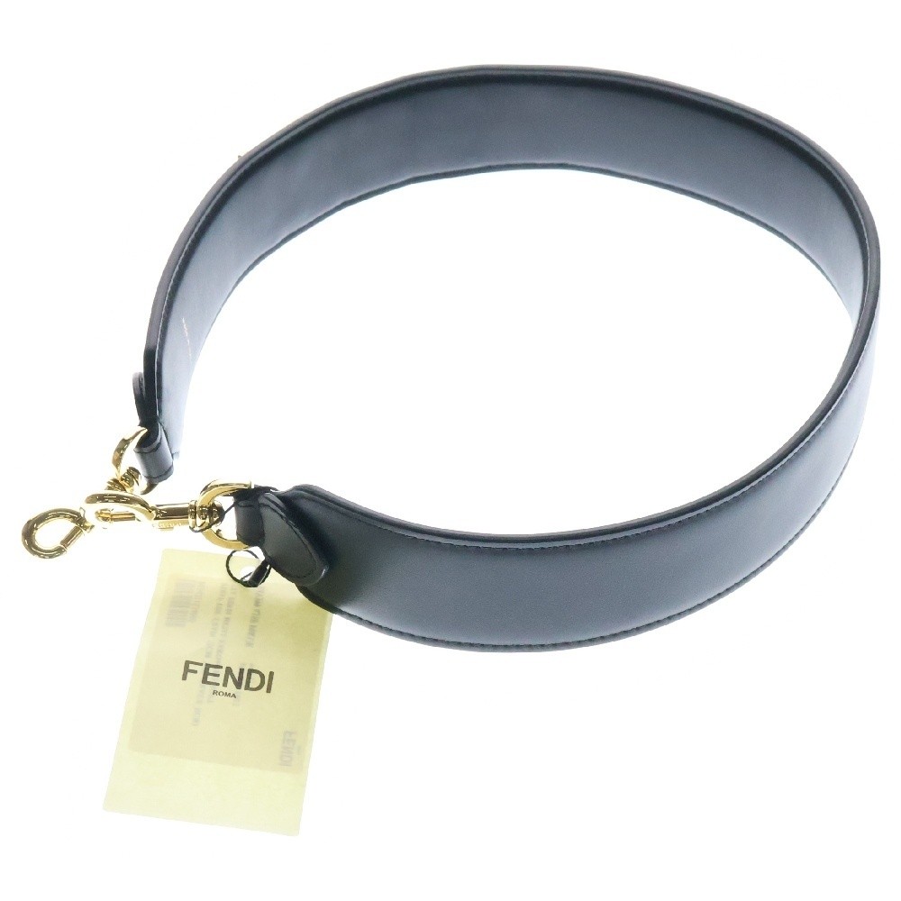RARE FENDI Strap You Logo Plate Leather Shoulder Belt Black Gold 8AV399 AJ