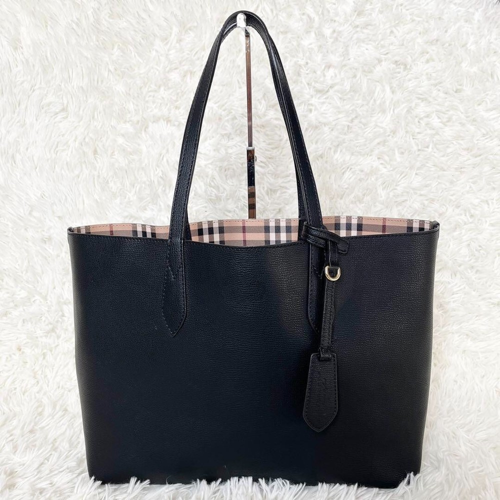 Burberry Reversible Tote Bag Nova Check Shadow Horse Leather Black JAPAN USED VG
