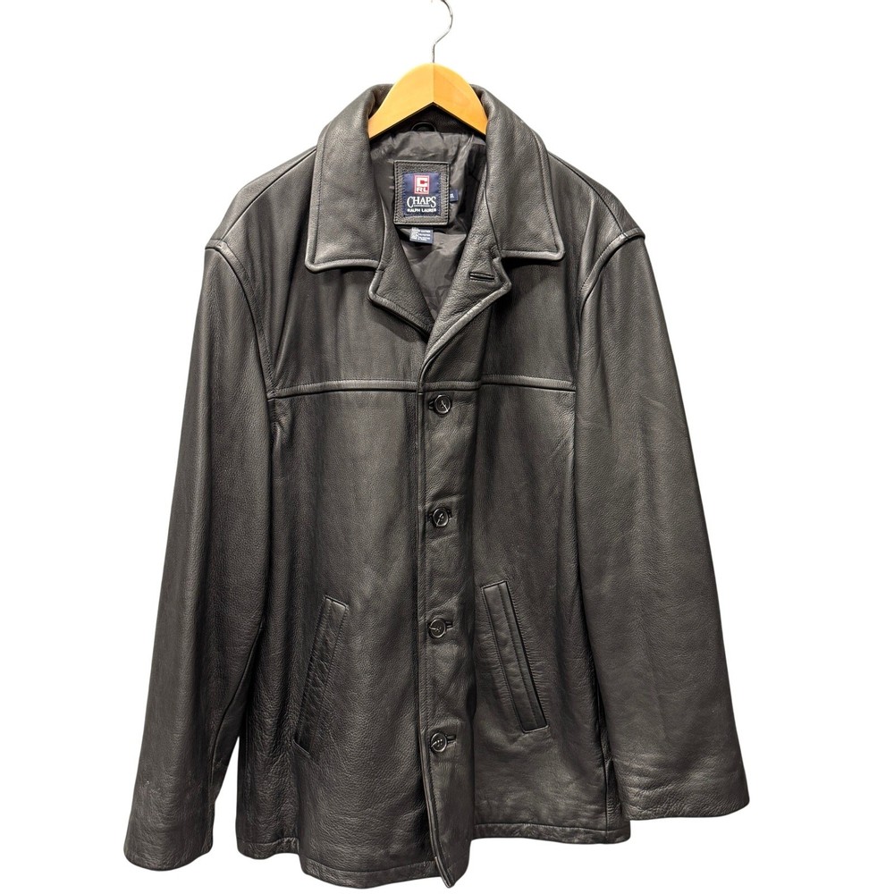 Vintage Chaps Ralph Lauren Leather Jacket Car Coat Black Button Up Mens XL