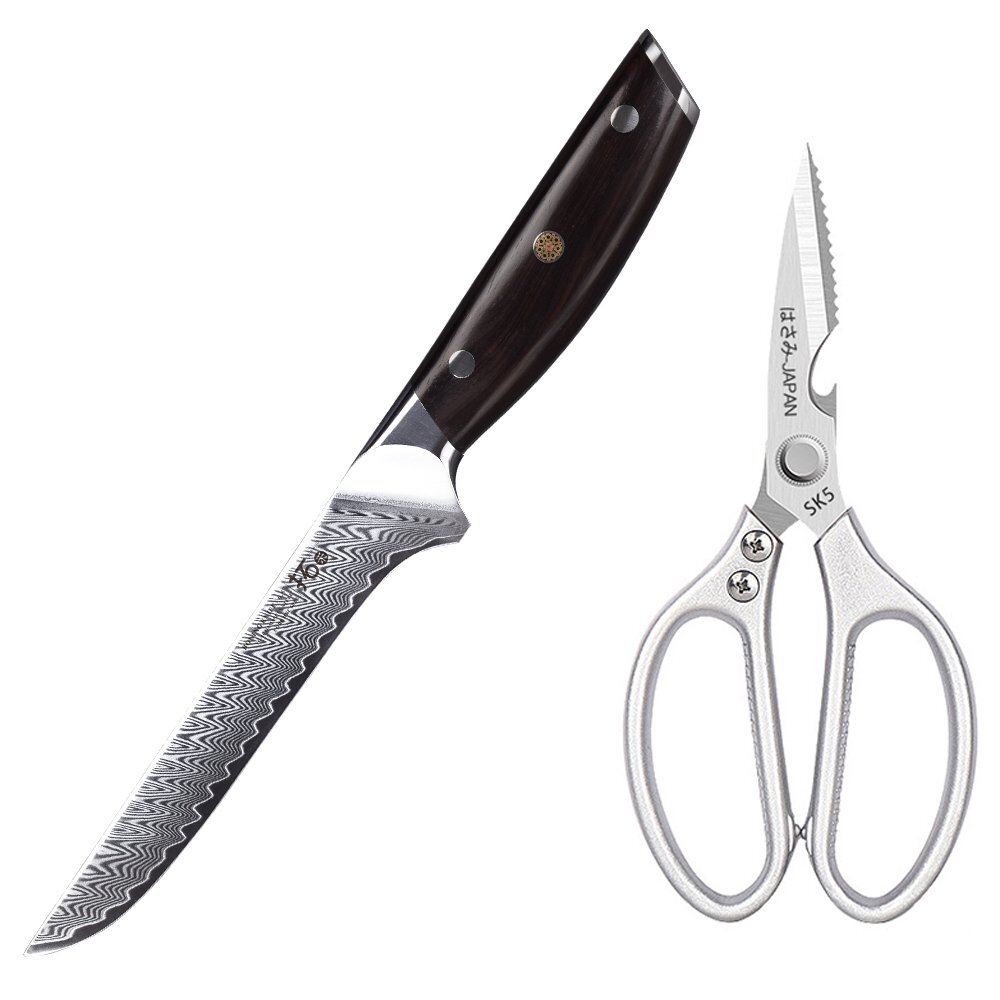 6.5in Boning Knife Japanese Damascus Steel Chef Knives + Kitchen Scissors Shears