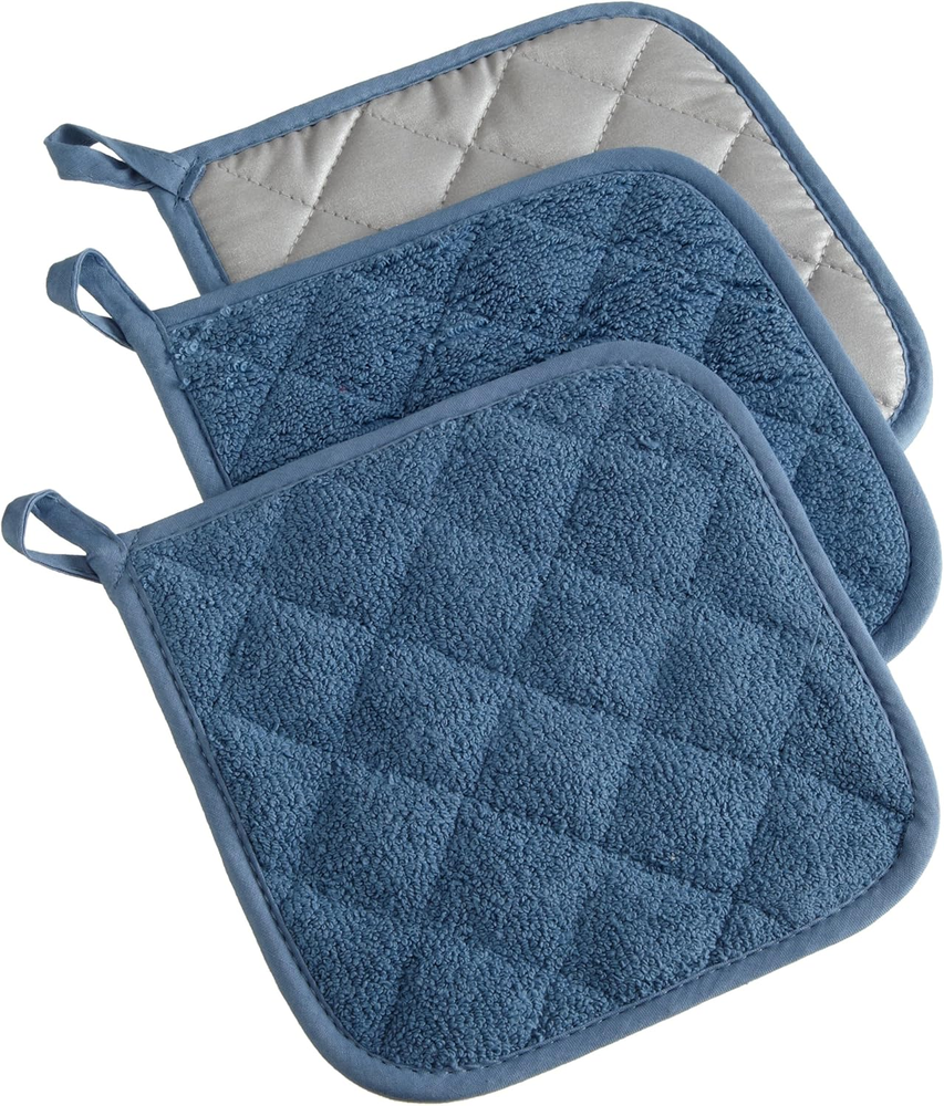 DII 3-Piece Blue Cotton Quilted Potholder Set Basic Terry Collection