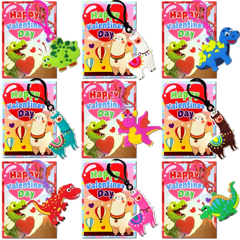 Valentine's Day Gifts for Kids - 28 Pack Alpaca & Dinosaur Keychains Set with...