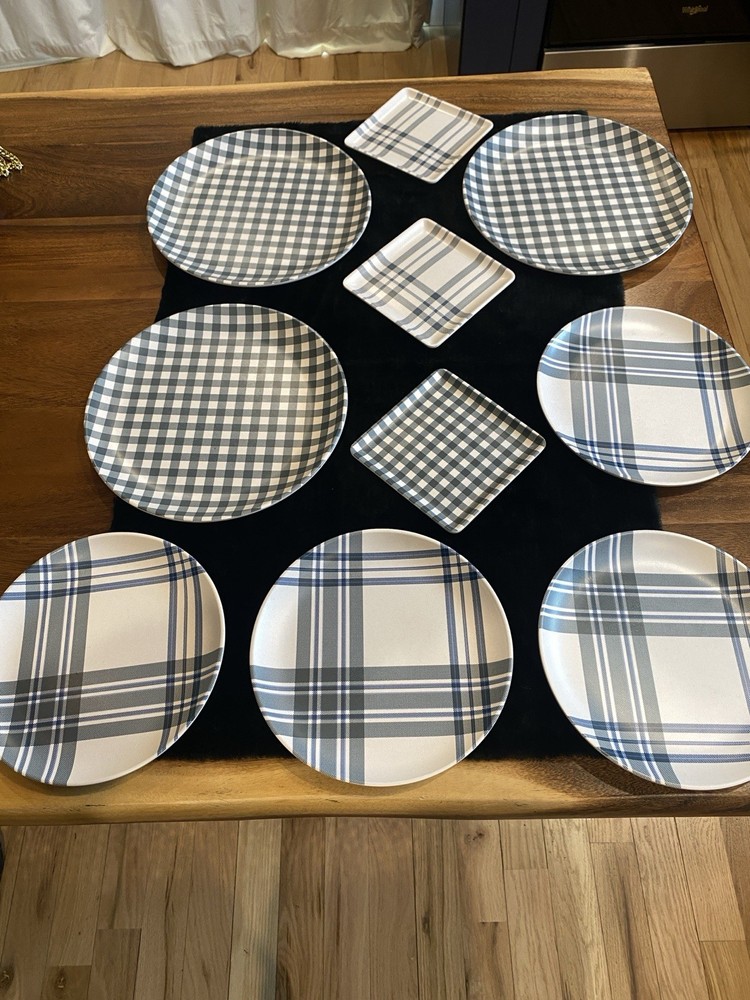 Set of 10 Blue White Melamine Plaid & Checked Plates Round 10