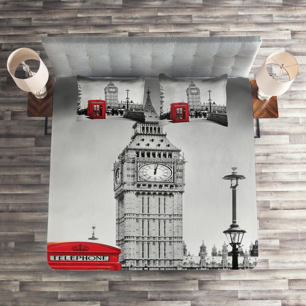 London Quilted Coverlet & Pillow Shams Set, Telephone Booth Big Ben Print