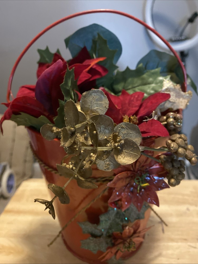 Metal Red Wall Hanging Vase With Christmas Flowers Vintage
