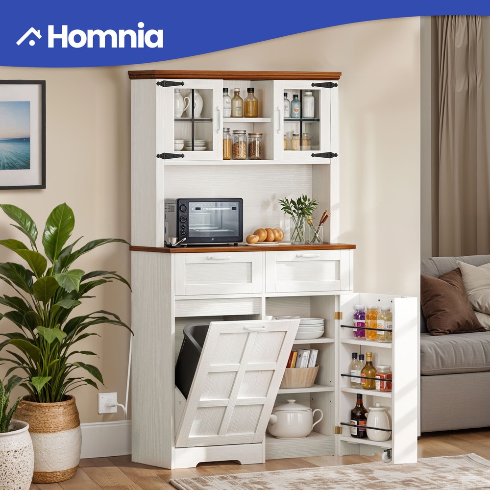 Tilt-Out Trash Can Kitchen Cabinet with Adjustable Shelves Drawers and Power Hub