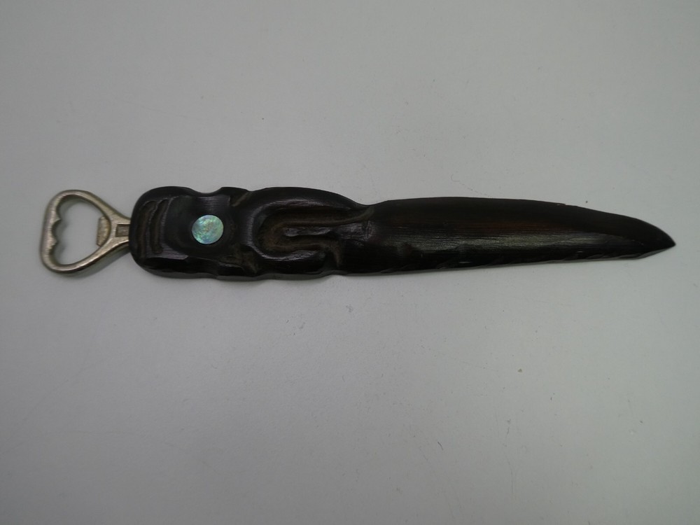 Handcrafted Polish Wooden Tiki Bottle Opener with Paua Shell Eye