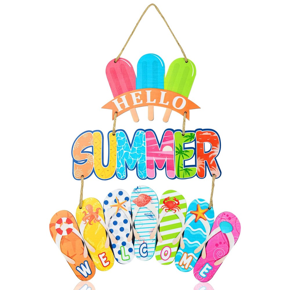 Summer Flip Flop Ice Lolly Welcome Sign Rustic Wood Door Wreath