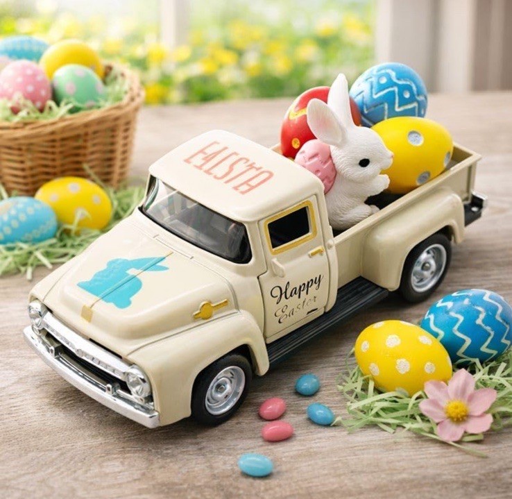 🐰NIB Vintage Inspired Metal Farmhouse  Easter Bunny Truck w/Easter Eggs