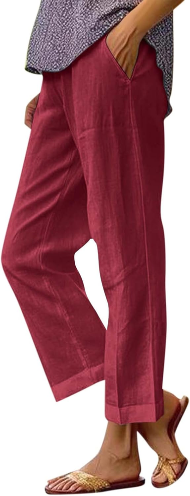 Womens Casual Linen Pants with Elastic Waistband Lightweight Pants 3XL