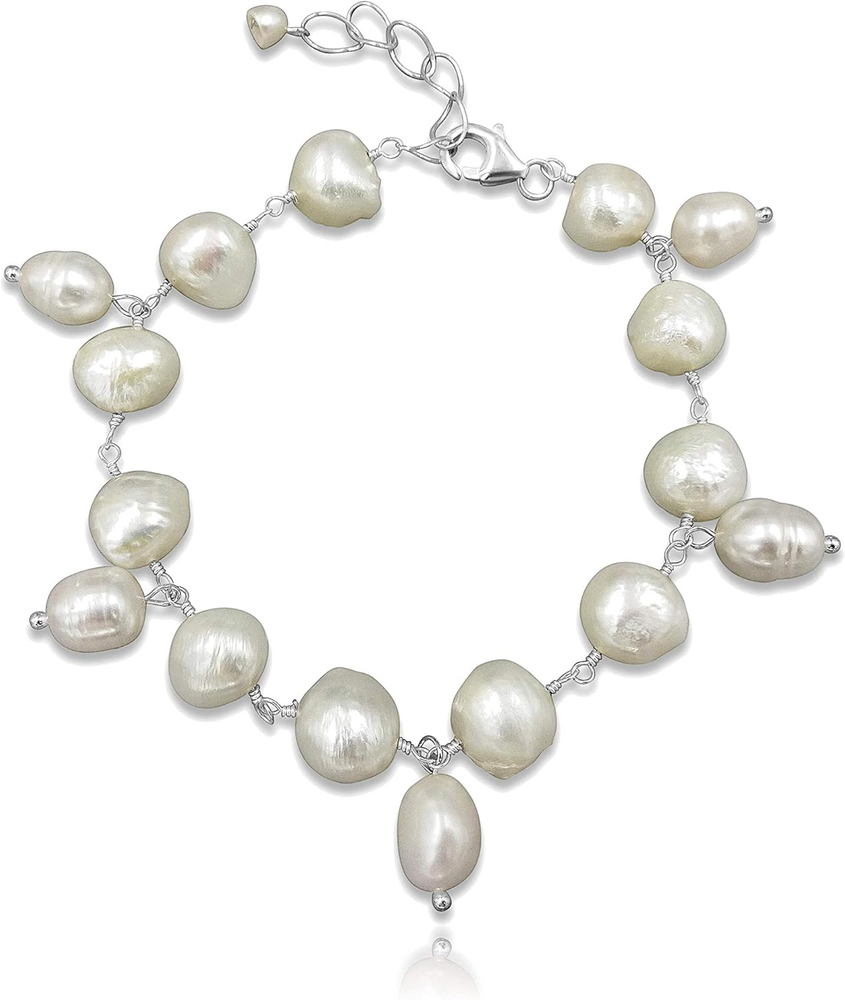 Genuine Cultured Freshwater Pearl Beaded Chain Charm Bracelet for Women