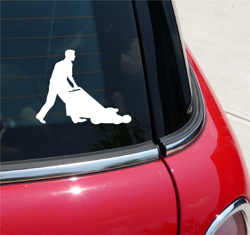 Push Mower Man Grass Cutting Lawnmower Graphic Sticker Art Car Wall Decal  