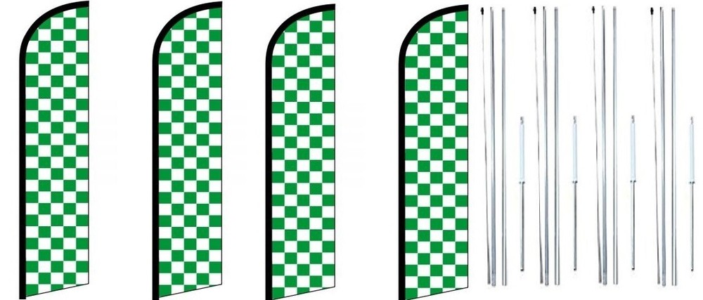 Green & White Checkered Windless Flag With Complete Hybrid Pole set- 4 pack