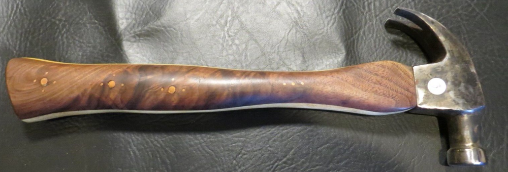 claw hammer 3. tiger stripe walnut and oak laminated handle copper inlays