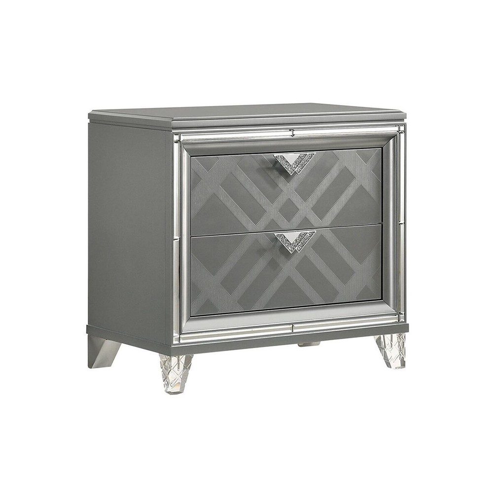 Silver 2-Drawer Nightstand with Mirror Trim Accent