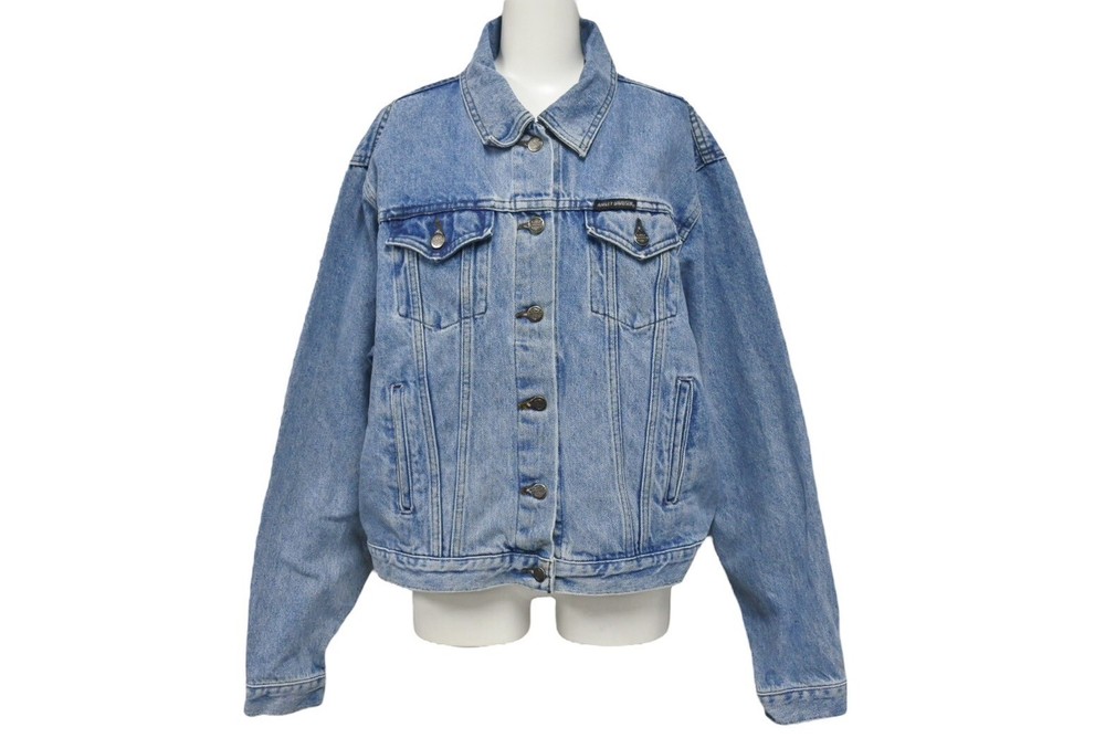 Men's Harley Davidson 90S Logo Patch Denim Jacket Blue Outerwear Size Xl