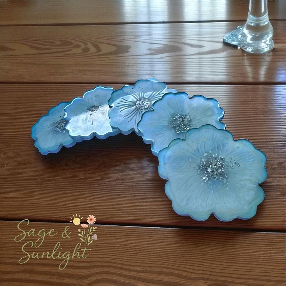 Sky Blue & Silver Iridescent Flower Coasters – Perfect Housewarming Gift