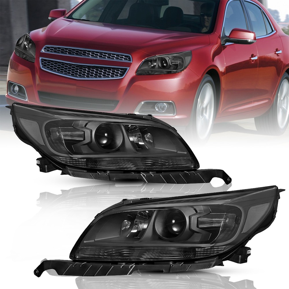 2pcs Headlights For Chevy Malibu 2013-2015 Halogen Black Clear Headlamps 13-15