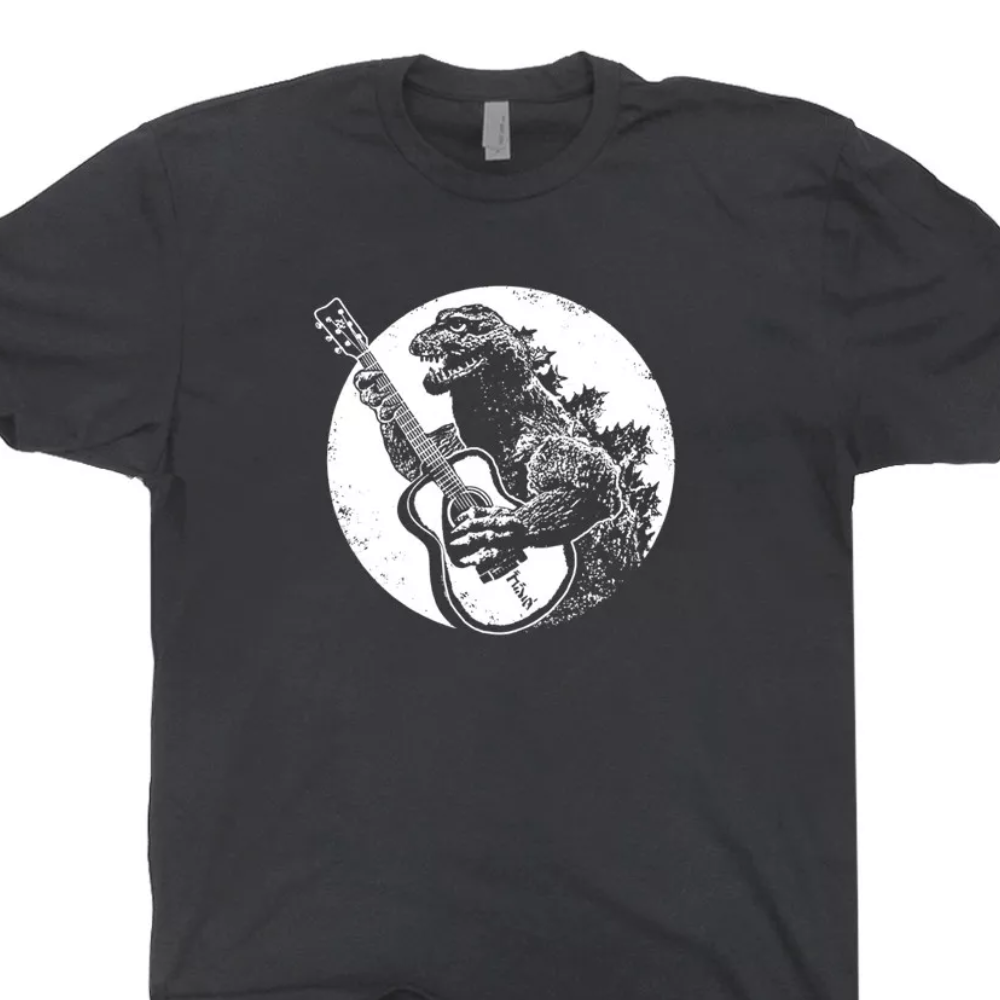Cool Guitar T Shirt Vintage Godzilla Acoustic Electric Bass Drum Fender Men Band