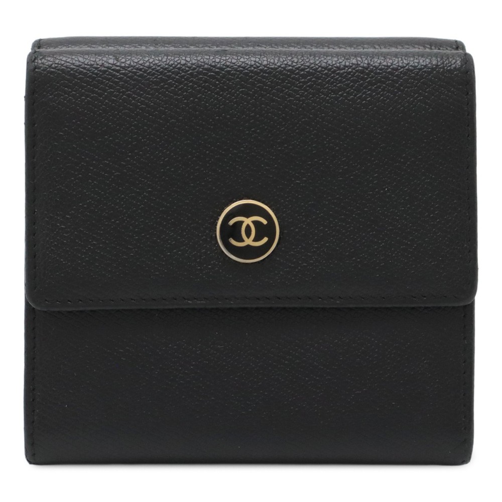 CHANEL Coco Button Tri-fold Leather Wallet Black Gold Double Hook A20902 5788