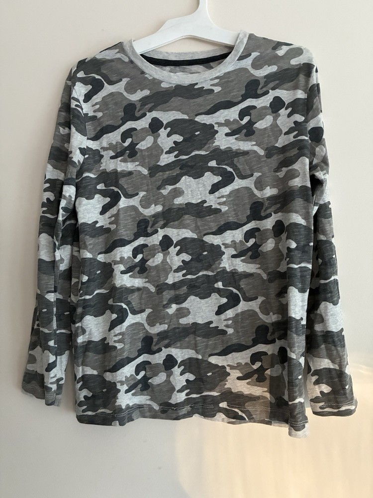 Old Navy Kids Boys Gray Camo Sheer Cotton Blend Crewneck Long Sleeve Shirt XL
