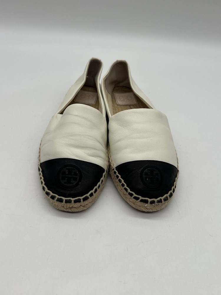 Tory Burch Women 8.5M Black White Leather Color Block Flat Espadrille Flats Shoe