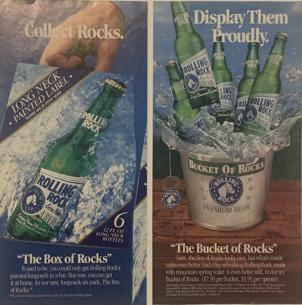 1990 Rolling Rock PRINT AD Collect Rocks - Display Proudly VTG 90s Box & Bucket