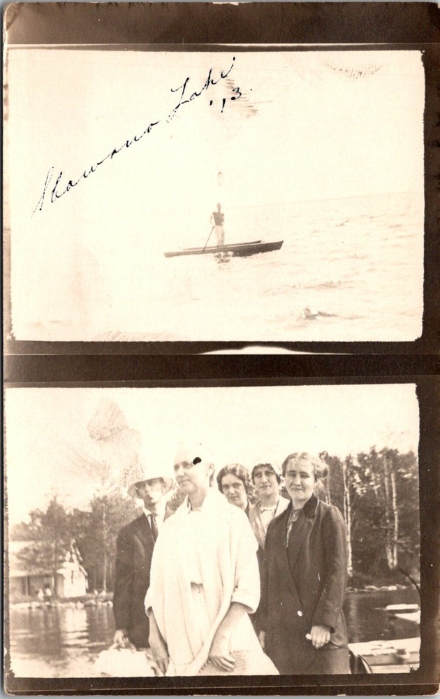 Shawano Lake Wisconsin Man on Boat and Group of Women 1913 RPPC Postcard   16251