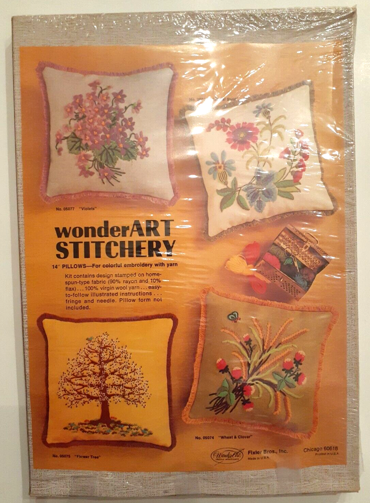 Vtg Crewel Embroidery Kit Wonder Art Stitchery 05074 Wheat & Clover Pillow 14