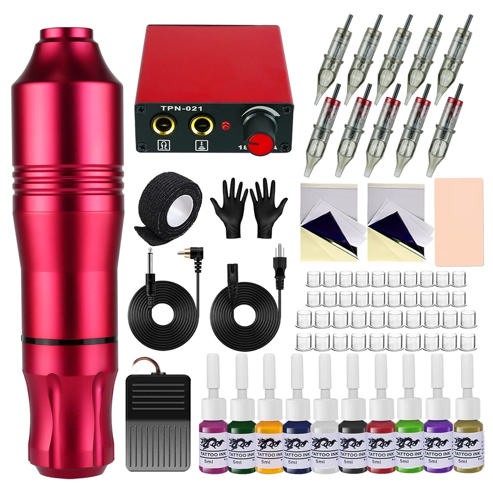 Professional Rotary Tattoo Kit with Power Supply, Foot Pedal & 10 Pigments