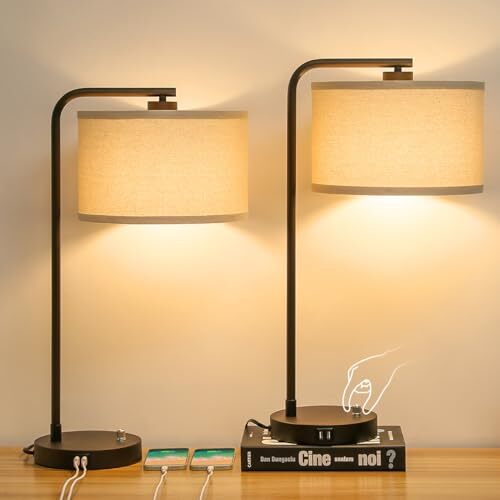 Table Lamps Set of 2, Fully Dimmable Bedside Lamp with Dual USB Brown 2 Pack
