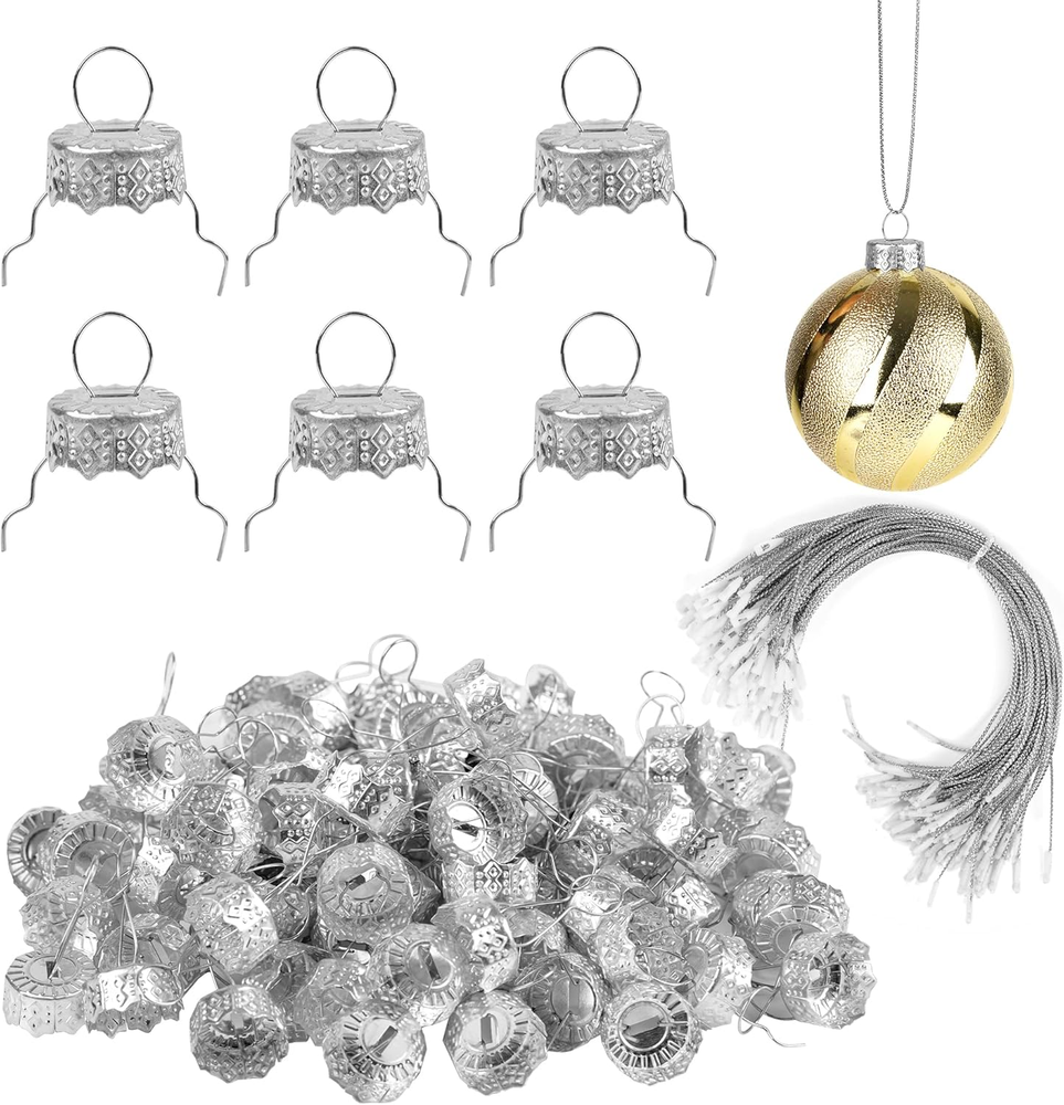 100 Pieces Round Christmas Ornament Caps and Christmas Ornament Hangers String S