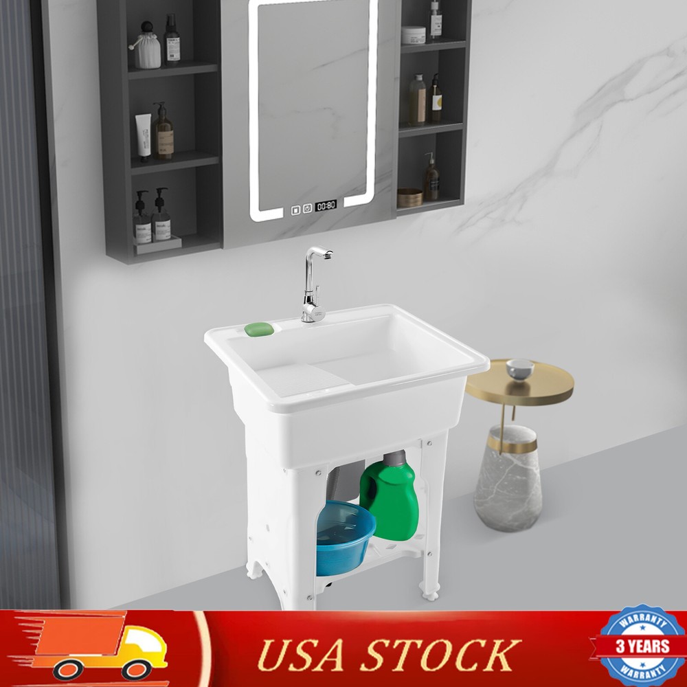 Spacious White Utility Sink Laundry Tub Freestanding Sink Wash Station W/ Faucet