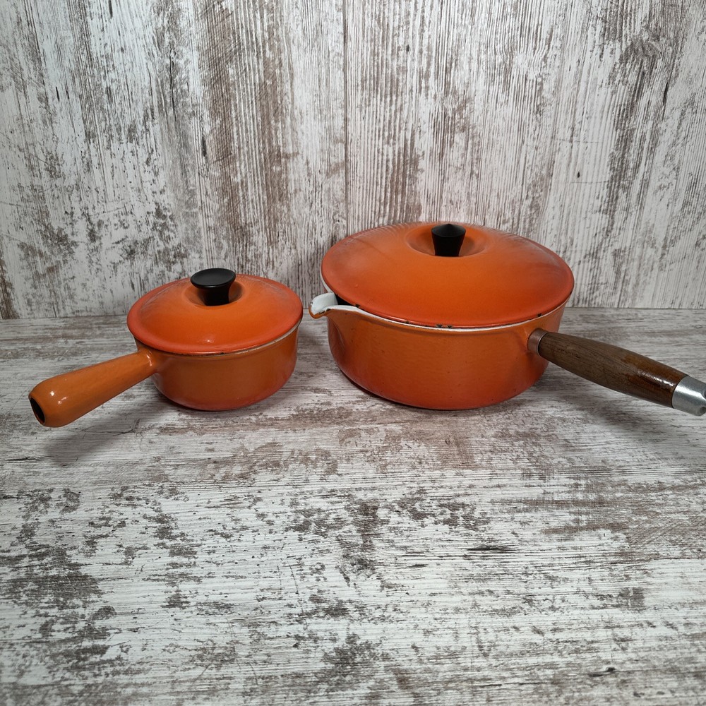 Vintage Le Creuset Flame Orange #14 and #22 Sauce pan - Set of 2 with Lids