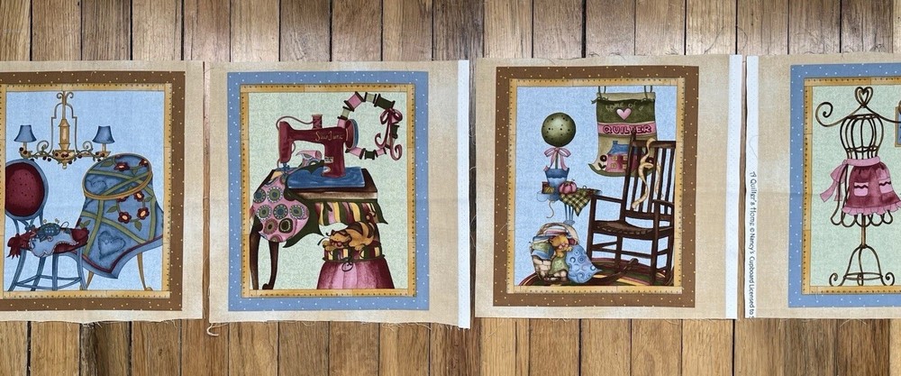 4 Sewing-Themed Cotton Panels. 9”x11”